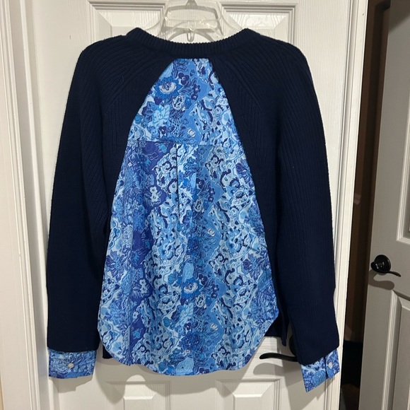 10 CROSBY DEREK LAM navy split crew neck sweater shirt layered flowered med - Picture 2 of 4